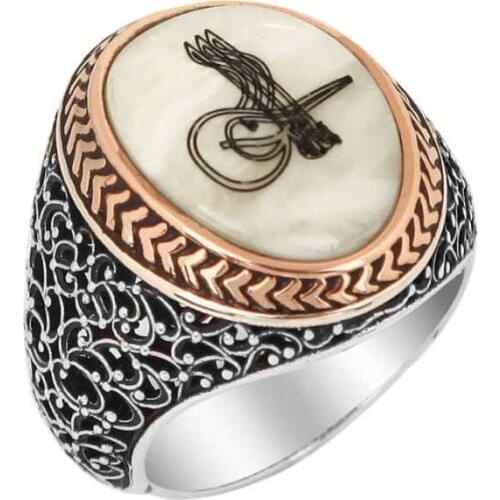Tevuli 925 Sterling Silver Mother Of Pearl Above Tuğralı Male Ring