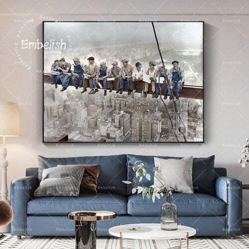 Vintage Canvas Painting Modern Home Decoration New York City View Lunch On a Skyscraper Wall Art Picture Black and White Poster