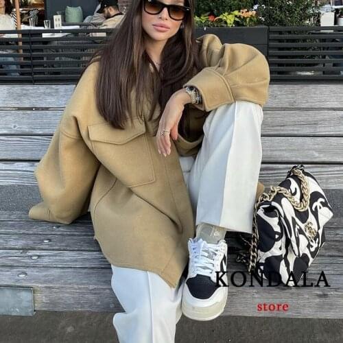 Za 2021 Casual Camel Pockets Oversized Woolen Shirt Fashion Ladies Autumn Long Sleeve Thick Blouses Coats Female Long Jackets