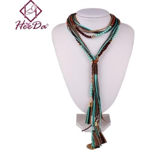 Boho Women Summer Long Necklace Handmade Round Bead Tassel Neck Accessories Green Red Statement Jewelry New Joker Sweater Chian