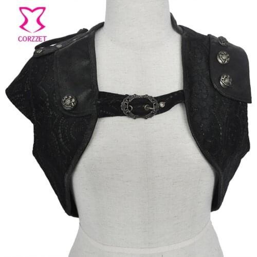 Retro Punk Black Floral Lace & PU Leather Sleeveless Gothic Jacket Women Short Bolero Outwear Womens Jackets Steampunk Clothing