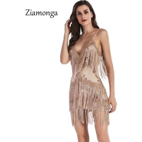 Ziamonga Apparel Sexy Strap Sequin Tassel Summer Dress 2017 Beach Party Mini Dress Women V Neck Backless Vintage Dress Vestidos