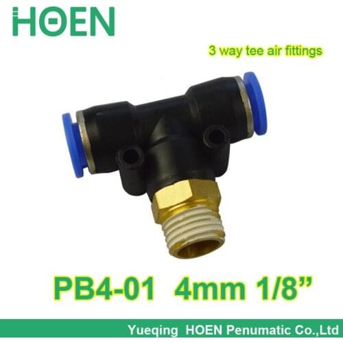 100pcs/lot 4mm thread 1/8" joint 3 way pneumatic fitting PB4-01 Push In One touch tube quick pipe tee Quick Fitting