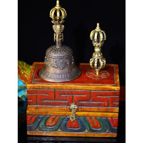 12"Tibet Temple Collection Old Bronze Buddha statue Rattle Bells Vajra set Bodhi root box set Town House Exorcism
