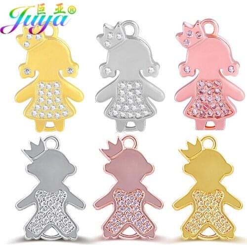 Juya DIY 5pcs Wholesale Micro Pave Zircon Crown Boy Girl Connector Charms Supplies For Handmade Bracelet Earring Jewelry Making
