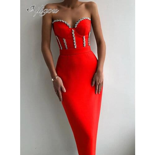 Ailigou 2021 New WomenS Fashion Bead Chain Crystal Design Long Dress Sexy Sleeveless Backless Celebrity Party Bandage Dress
