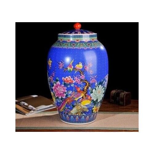 Jingdezhen ceramic blue barrel ricer box barrel with cover tank it oil cylinder can save m kimchi cylinder