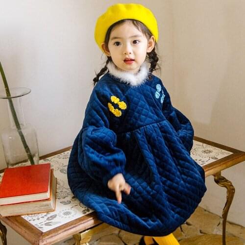 Kids Winter Autumn Warm Korean Thick Cotton Princess Dress for Girls Cute Faux Fur Collar Party Dress Todder Baby Girl Clothes