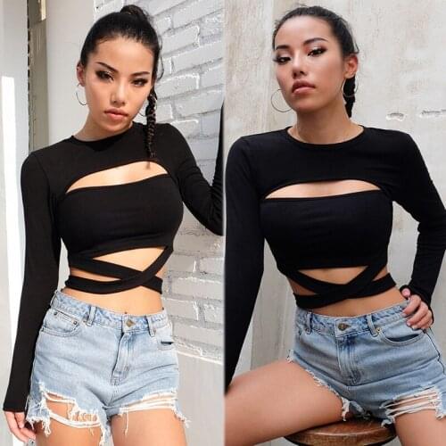 Kili Cut Out Hole Bow Tie T-Shirts for Women Fashion Streetwear Autumn Tshirt Slim Sexy Black Female T-Shirt