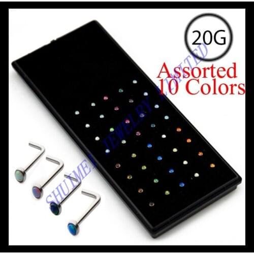 40Pcs Opal Gem Opal 316L Stainless Steel Crystal L Shape Nose Stud Ring Body Piercing Jewelry 20G Free Shipping
