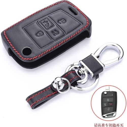 Leather Car Key Case holder For VW Volkswagen MK7 Golf 7 GTI 2017 2018 4 Buttons Folding Remote Fob Cover Keychain Protector Bag