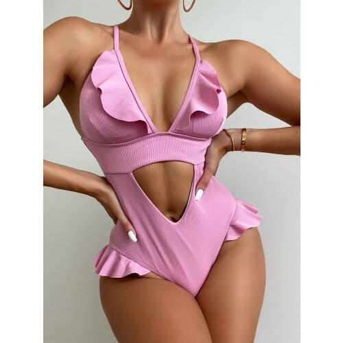 Sexy Ribbed Swimsuit One Piece Swimming Suit for Women Pink Bathing Suit Swimwear High Cut Monokini Beach Maillot De Bain Femme