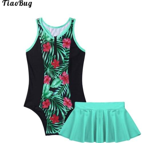 TiaoBug Summer 2Pcs Kids Girls Swimwear Swimsuit Round Neck Sleeveless Racer Back One-Piece Swimming Jumpsuit And Skirt Set