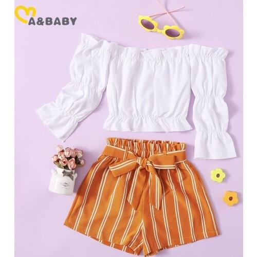 Ma&Baby 2-7Y Summer Child Kid Girls Clothes Sets Off Shoulder T shirt Tops Bow Shorts Outfits Beach Holiday Vacation Costumes