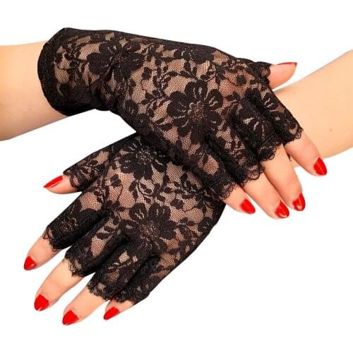 Summer womens lace half-finger sun protection gloves short thin prom etiquette gloves cover scar decoration gloves