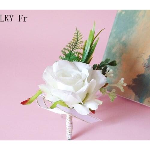 LKY Fr Boutonniere Flowers Wedding Corsages and Boutonnieres Silk Roses Red Bridesmaid Bracelet Groom Wedding Buttonhole Flowers
