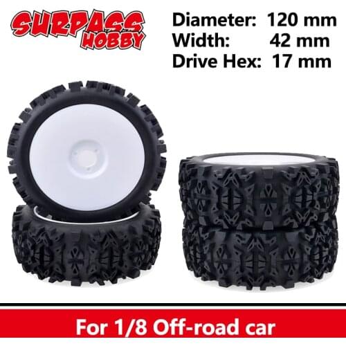 SURPASS HOBBY 4PCS 120MM 1/8 RC Off-Road Tyre Car Buggy Rim Wheels Tires 17mm Hub Hex for Redcat Team VRX HPI Kyosho HSP Carson