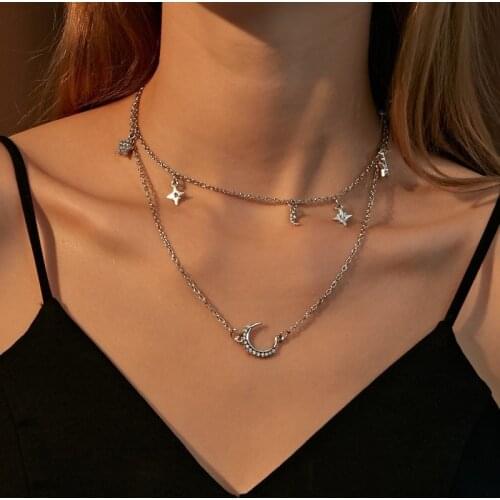 Origin Summer Unique Design Double Layer Moon Star Pendant Necklace for Women Luxury Silver Color Necklace Party Jewelry