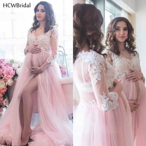 Pink Pregnant Woman Evening Dress V Neck 3/4 Sleeve A Line Lace Tulle Long Prom Gowns New Design Plus Size Party Dresses Cheap