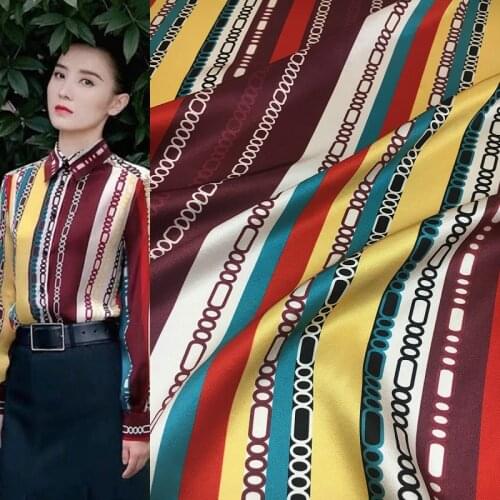 Twill silk fabric 95% mulberry silk 5% spandex stretch brand 2021 new contrast color vertical stripes geometric printing fabric
