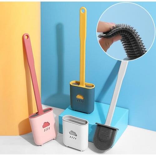 Toilet Brush Water Leak Proof With base Silicone Wc Flat Head Flexible Soft Bristles Brush with Quick Drying Holder Set