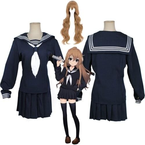 Anime Toradora TIGER DRAGON School Uniform Cosplay Costume Aisaka Taiga Full Set Sailor Suit Dress ( Top + Skirt + Bow tie )