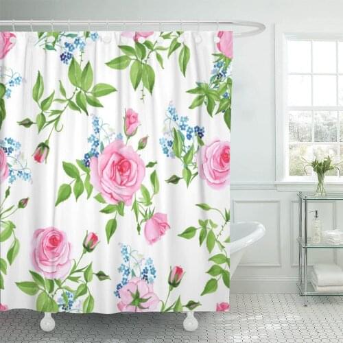 Blue Beautiful Forget Me Nots and Pink Roses Green Shower Curtain Waterproof Polyester Fabric 60 x 72 Inches Set with Hooks