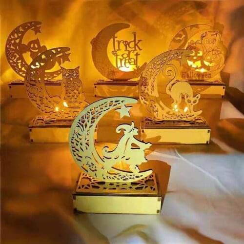 LED Halloween Wooden Light Craft Ornaments Moon Witch Lamp Home Decoration Ornaments Crafts Halloween DIY Decoration Supplier