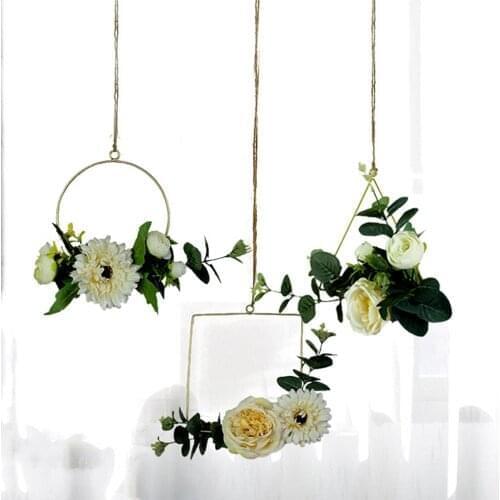 Home Decoration Iron Ring Pendant Garland Artificial Plant Flower Rack Wreath Flowers Hoop Square Circle Trigon Shape Optional
