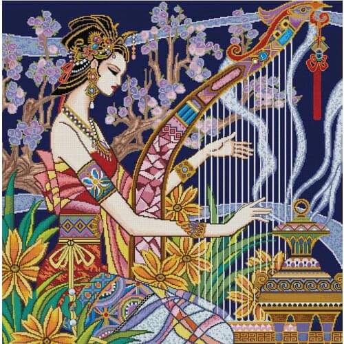 Customized Embroidery Oriental Lady of Music Cross Stitch Pdf Pattern with 100% Cotton Flosses & Free Shipping for Home Decor