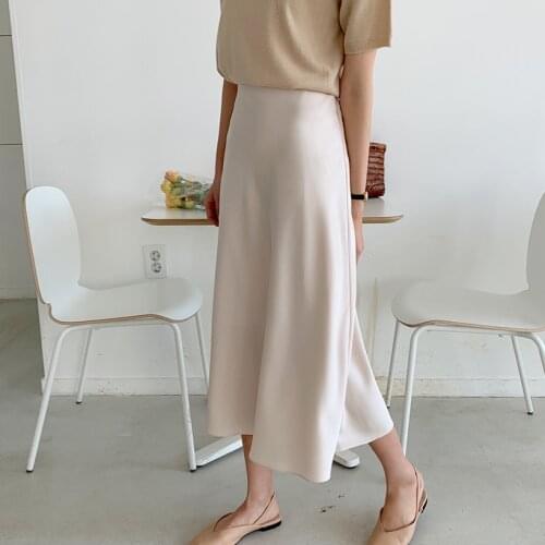New 2020 Spring Summer Vintage Women Solid Skirt Casual High Waist A-Line Satin Mid-Calf Skirts Female Elegant Office Lady Skirt