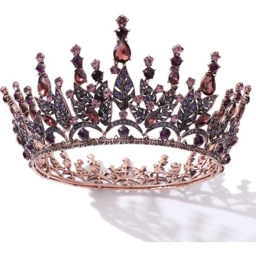 Vintage Ancient Red Copper Purple Crystal Round Wedding Crown Baroque Bridal Tiara Headpieces Women Hair Accessories For Bride