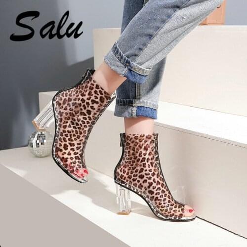 Salu 2020 New Women PVC Ankle Boots Hot Sale Transparent Women Boots Clear Heels Shoes Super High Heels Zip Women Boots