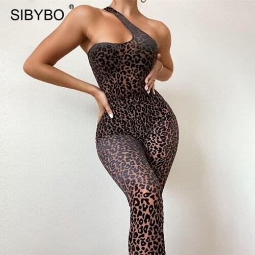 Sibybo Sexy One Shoulder Bodycon Jumpsuits Women Summer Leopard Print See Through Romper Casual Streetwear Femme Mesh Overalls