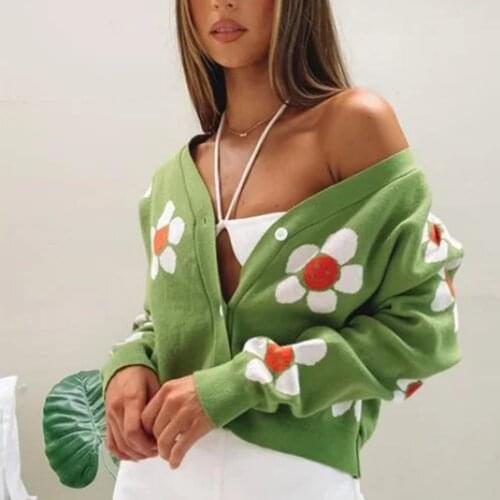 XIKOM 2021 Women Vintage flower Print Green Sweater Female Knitted Cardigan Female Fashion Single Breasted V Neck oversize Top