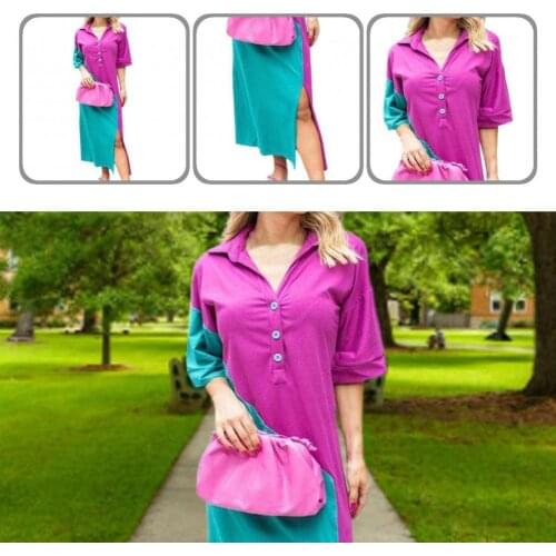 Clothes Thin Fashion Splice Casual Mid-calf Dress Women Accessory Dress Turn Down Collar for Party