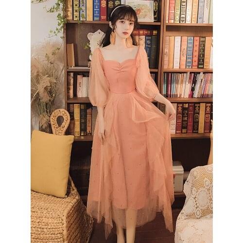 Puff Sleeve Beaded Mesh Dress Women Summer Vintage Square Neck Elegant Fashion Chic Ruffled Temperament Dress