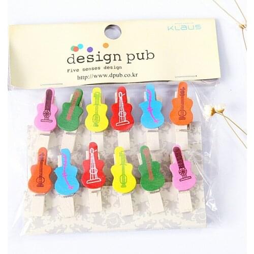 12 pcs/lot Creative Guitar Series Wooden Clip Photo paper Clothespin Craft Clips Party Decoration Clip with Hemp Rope