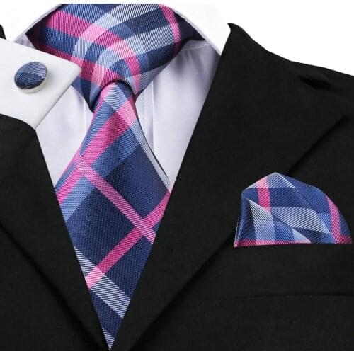 2016 Fashion Darkblue Mediumvioletred Stripe Tie Hanky Cufflinks Silk Necktie Ties For Men Formal Business Wedding Party C-653