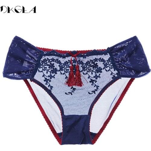 2020 Fashion Low-Rise Transparent Panties Women Lace Underwear Embroidery Sexy Panty XL L Tassel Blue Briefs Hollow Out Flowers