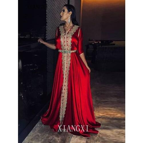 2020 rouge musulman robe de soirée Satin marocain caftan or dentelle demi manches saoudien arabe Occasion spéciale robe de soir