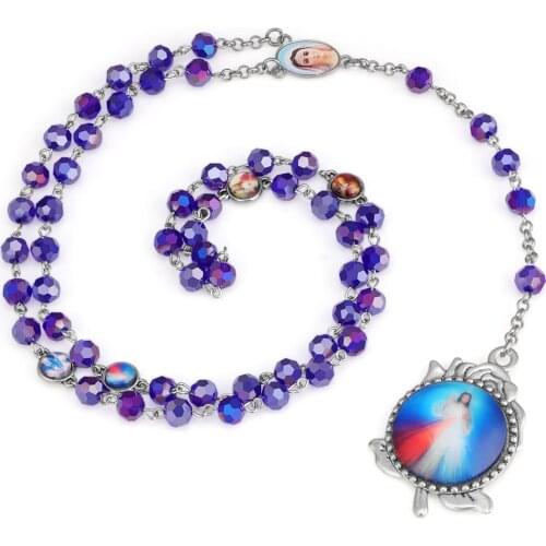 Rose Christ Jesus Pendant Catholic Paternosters Rosary Necklace Long Blue Glass Prayer Beads Chain Religious Communion Jewelry