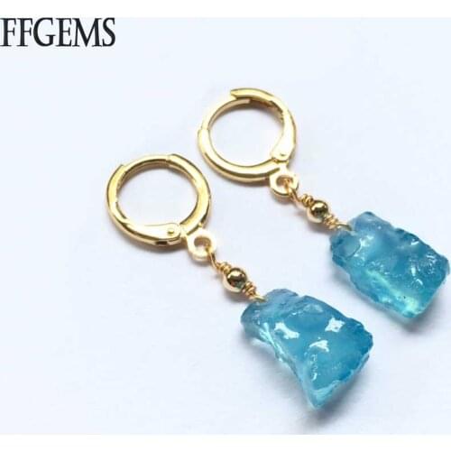 FFGEMS Natural Aquamarine Raw stone certificate Blue sapphire simple silver earring Fine Jewelry for Women Wedding Party Gift