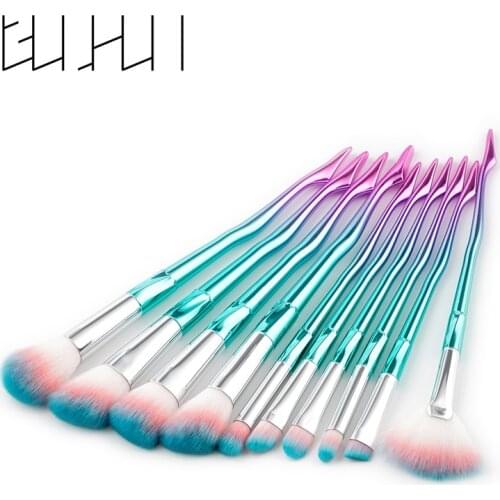 GUJHUI New 10pcs Unicorn makeup Brushes Rose Gold Mermaid Brush Eye Shadow Foundation Eyebrow Makeup Brush Set Comestic Tool Kit