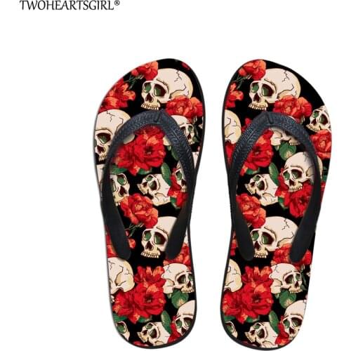 Twoheartsgirl Colorful Classic Skull Flip Flops Unique Ladies Summer Beach Slippers Comfortable Ladies Rubber Flipflops Flats