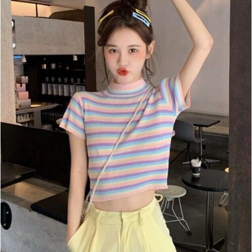 Summer Womens Stripe Tshirt Short Sleeve Thin Small Korean Style Tee Ladies T-Shirt