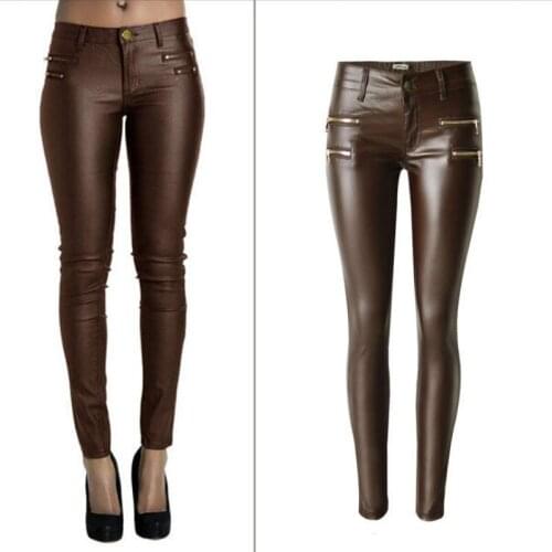 Fashion Women PU Leather Coffee Pants Low Waist Leggings Slim Leather Legging Skinny Trousers Plus Size 34 36 38 40 42 44