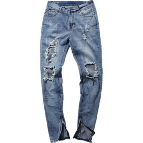 Spring and Autumn Men Jeans Solid Color Zipper Straight Distressed Hole Jeans Hip Hop Denim Trousers Beggar Jeans pants