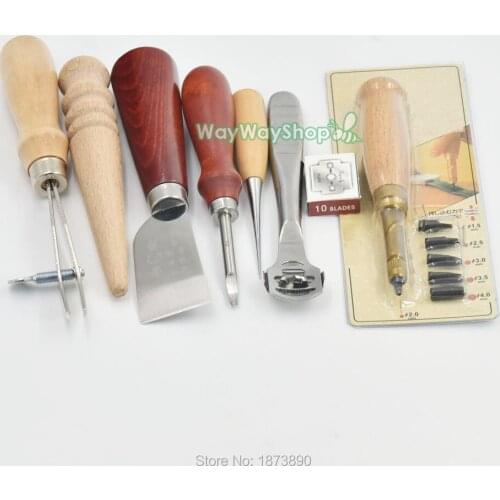 One Set Leather Craft Skiving Sewing Tool Wood Edge Skiving Knife Kit Awl Punch Groover Metal and wood