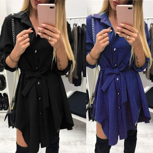 Sexy Irregular Hem Tie Waist Shirt Dresses Autumn Spring Mini Dress Casual Turn Down Collar Short Vestidos With Belt